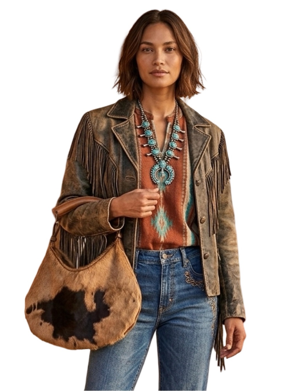 Acid Washed Cowhide Hobo with Wooden Horn Handle